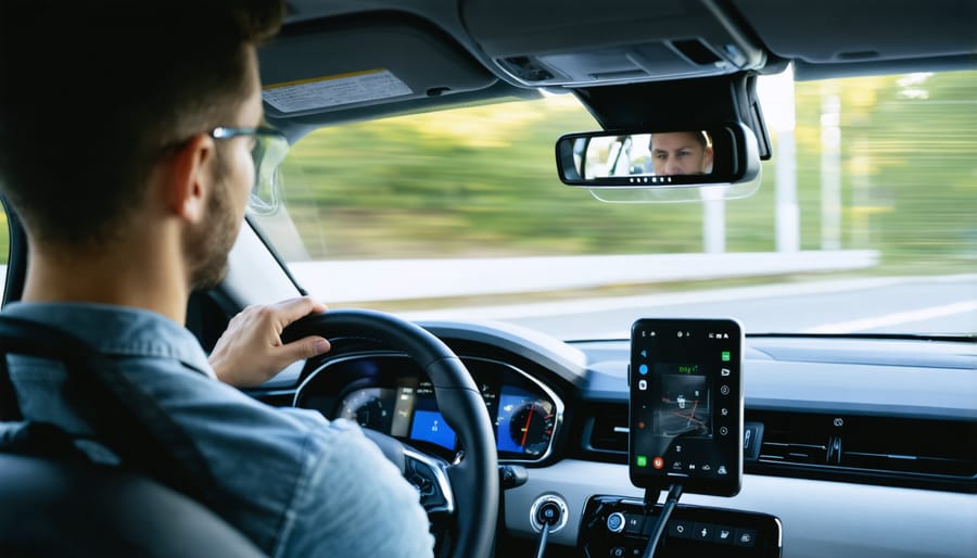 Ride-share driver connecting electric vehicle to charging station in urban setting