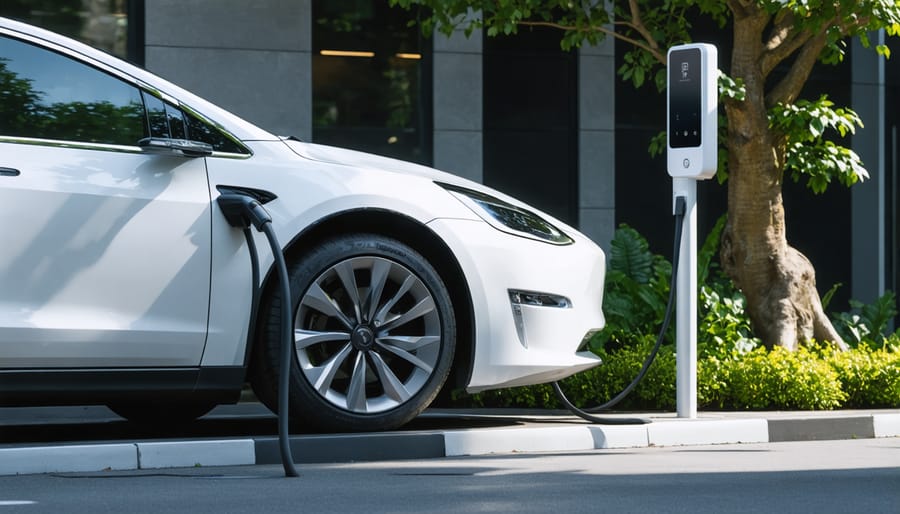 Electric vehicle charging under solar panel canopy representing sustainable transportation future