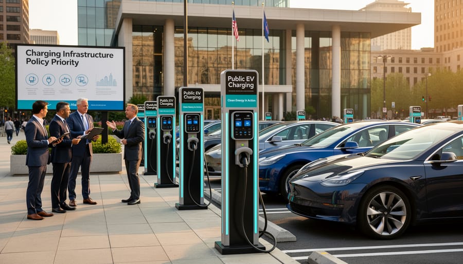 Electric vehicle charging at modern public charging station in urban setting
