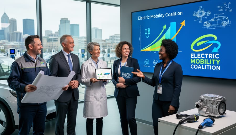 Diverse group of industry professionals gathered around electric vehicle in modern office setting