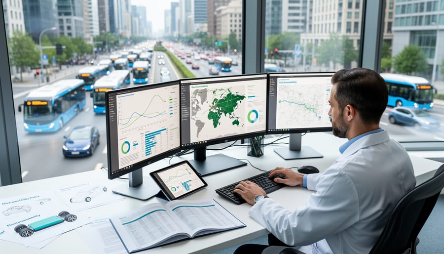 Researcher analyzing technical documents and data related to electric vehicle deployment