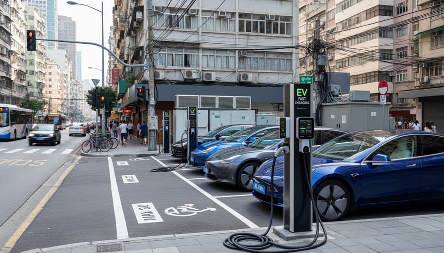 EV fast-charging station at an urban curb with cables and a parked electric vehicle illuminated at dusk.