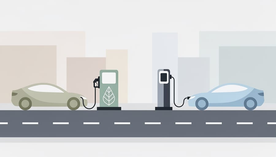 A biofuel nozzle and an electric vehicle charging setup shown together at a modern station with no visible text.