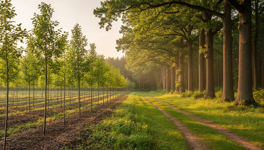 Managed forest with young saplings in the foreground and taller trees in the background during golden hour.