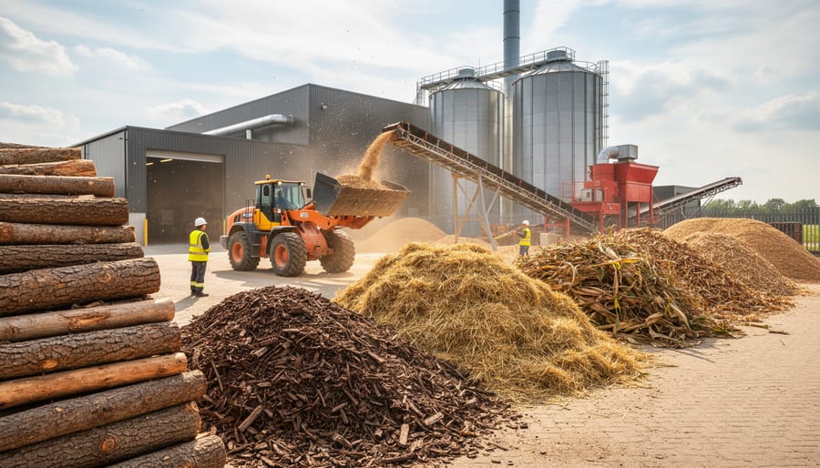 Stacked forestry residues and straw bundles placed beside a biomass heating facility entrance.
