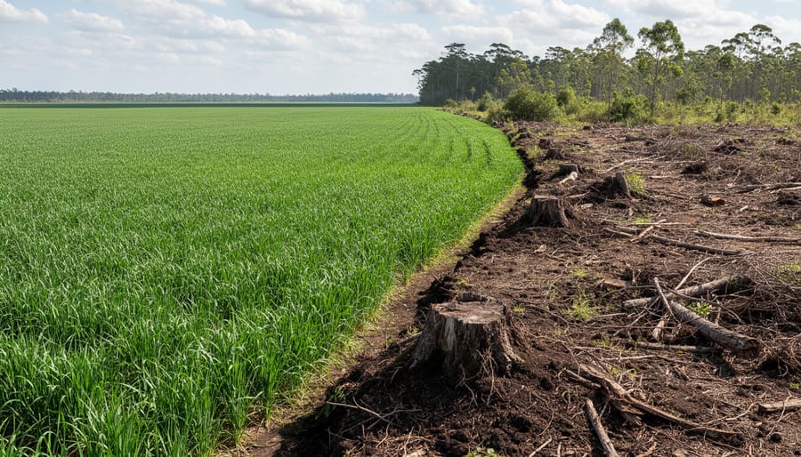 Biofuel crop field at the edge of cleared land with disturbed soil and stumps