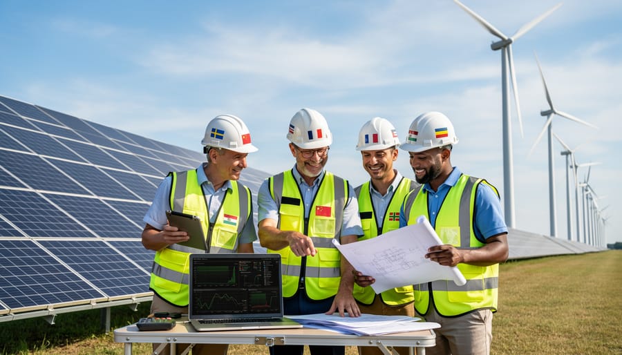 Researchers collaborating at a renewable energy site while inspecting equipment together.