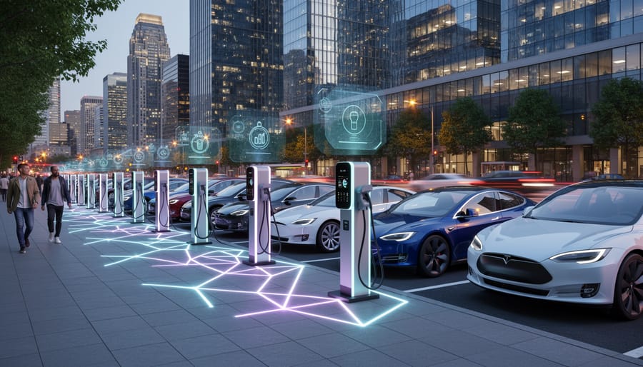 Electric-vehicle charging points glow along a city street at night as vehicles approach.