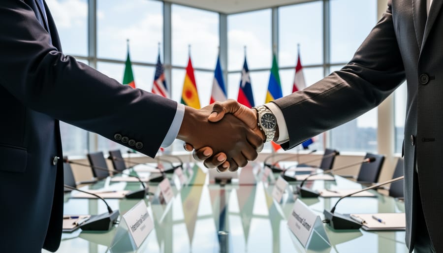 People shaking hands at an international meeting in a modern conference room.