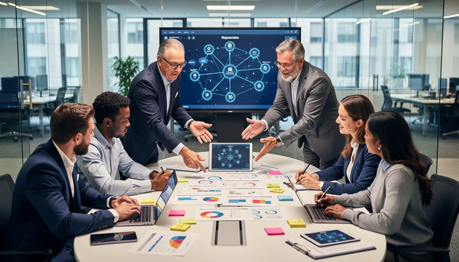 People from research, industry, and policy collaborating around a conference table with shared documents