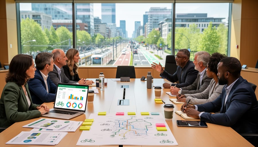 People in a modern conference room reviewing information together during a policy discussion.