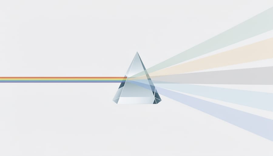 Person holding a glass prism that disperses light in front of shelves of scientific reports