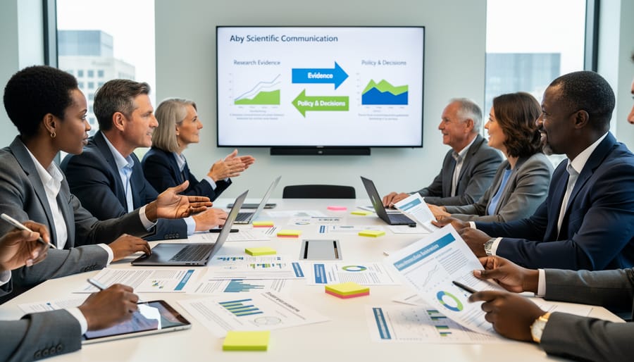 Scientist presenting research reports to policymakers and industry professionals in a meeting room