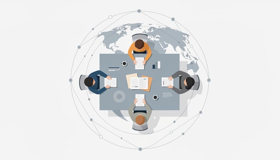 Multiple people’s hands place research and policy documents together on a shared table.