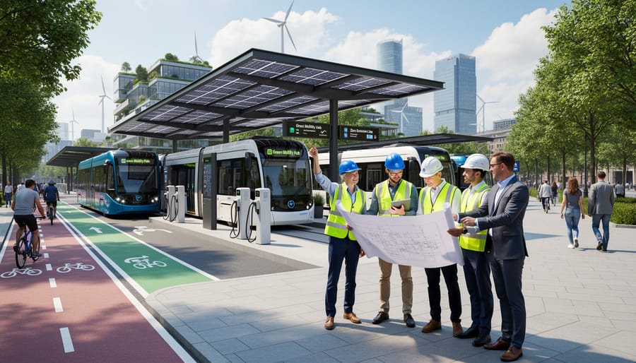 Electric bus near solar-powered charging infrastructure for zero-emission transport.