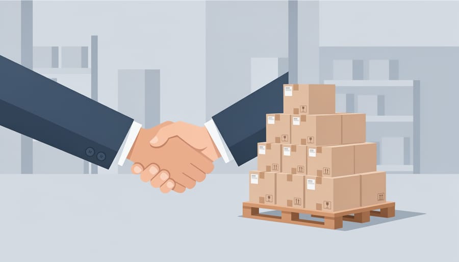 Two people shaking hands next to a pallet wrapped in stretch film in a logistics facility.