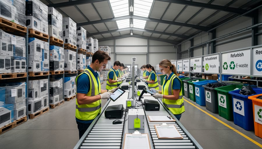 Technicians in protective gloves inspecting a battery module during careful logistics handling in a workshop.