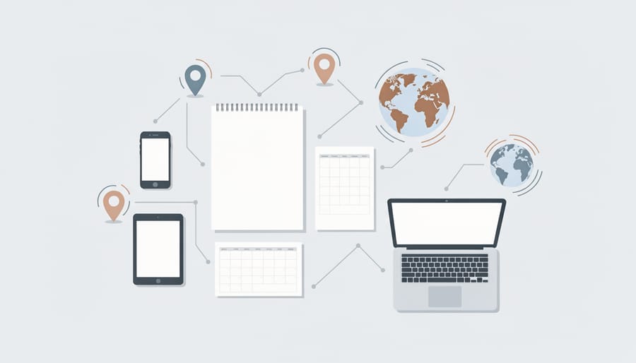 Smartphones and tablets on a table showing abstract globe icons with no readable text, symbolizing international advocacy coordination