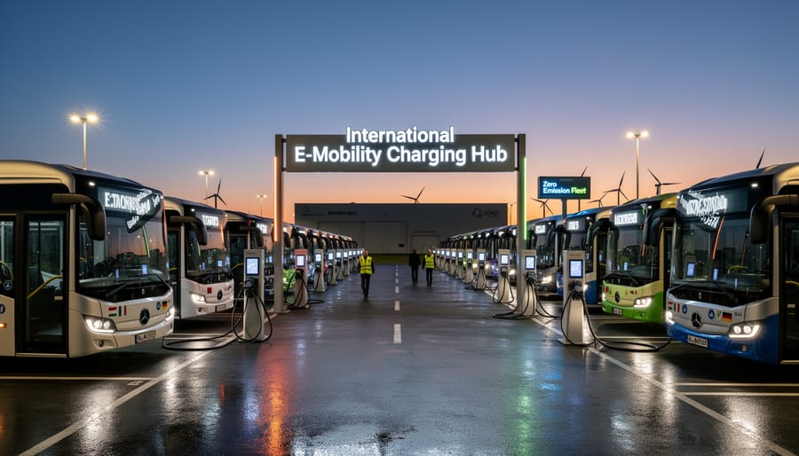 Electric buses connected to charging cables at a depot during dusk, with renewable energy silhouettes in the distance.