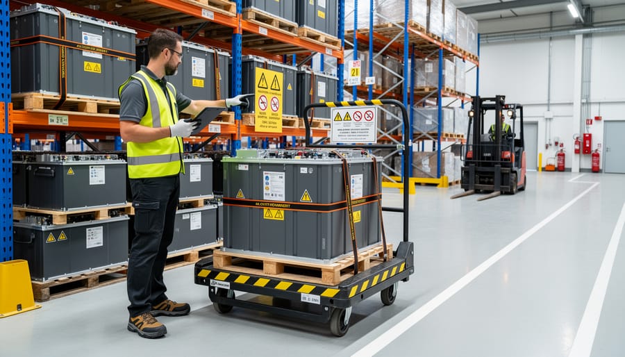 Logistics professional in high-visibility PPE standing beside an electric van loaded with industrial battery packs in a warehouse.