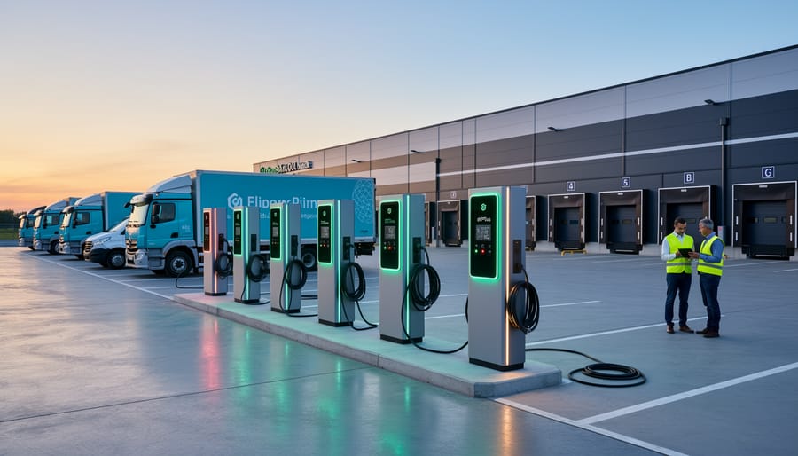 Electric vehicle charging at a row of charging stations at dusk with glowing lights.