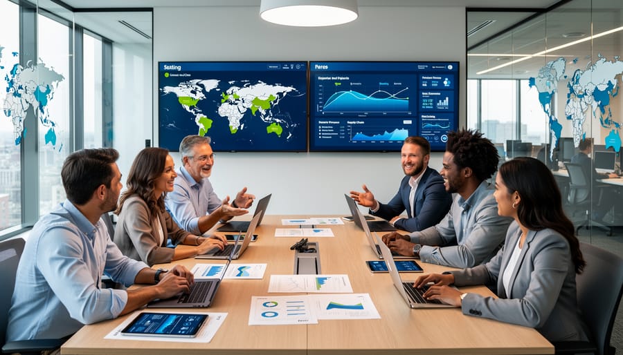 Diverse employees collaborating in a modern conference room with daylight lighting