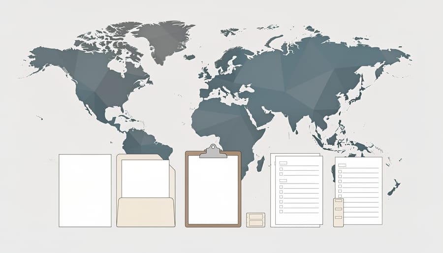 Hands organizing blank cue cards near a textured world map in a tabletop scene