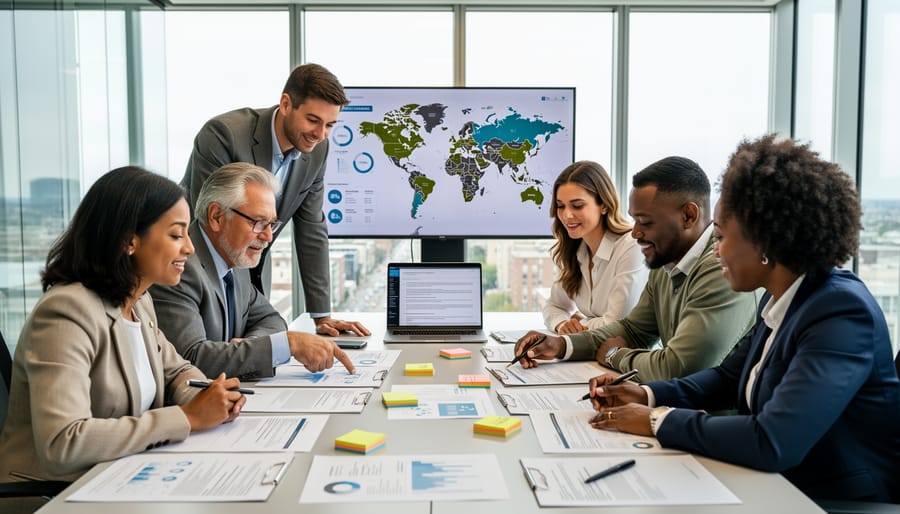 Diverse group of advocates collaborating around a conference table with printed materials, symbolizing international responsible gaming policy work