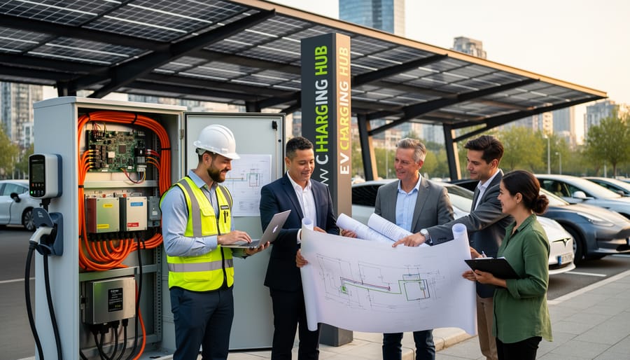 Diverse professionals collaborating near an electric vehicle charging station while handling technical equipment.