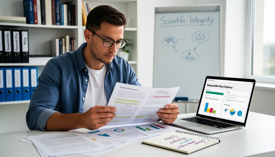 Researcher reviewing evidence on a laptop in a modern office, representing scientific input to responsible online casino advocacy