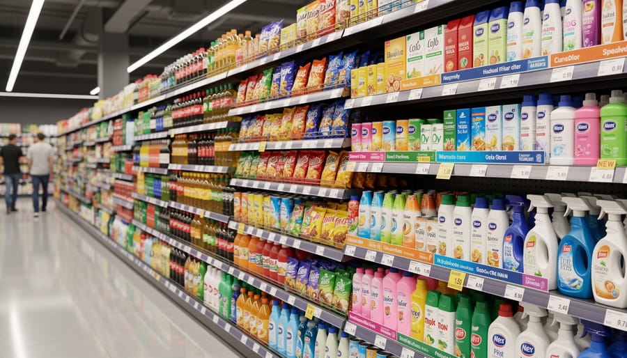 Retail store shelves showing multiple consumer product categories in an organized display
