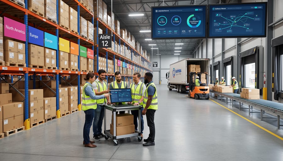 Workers coordinating operations inside a warehouse with pallets and forklifts near open loading bays