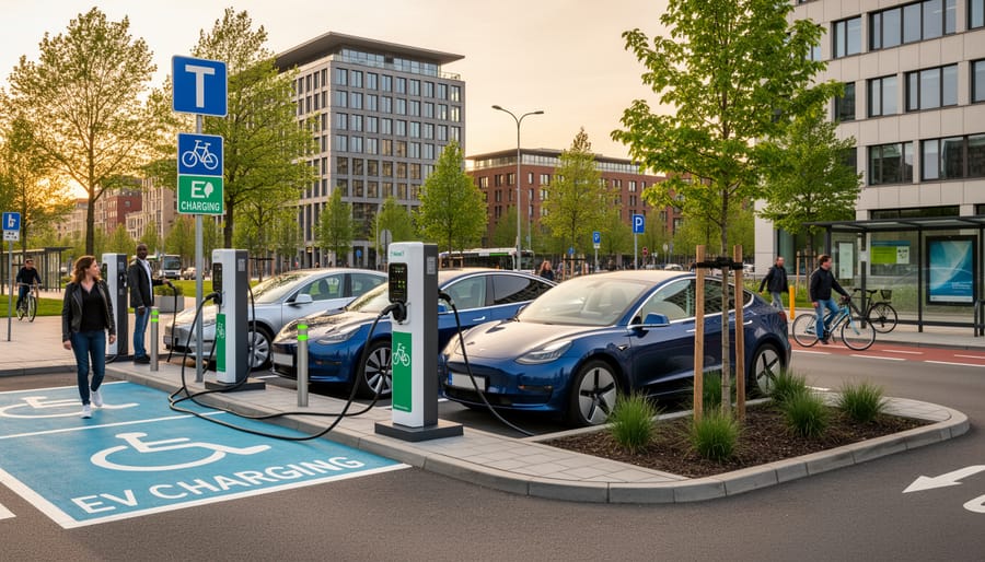 A person holding a clipboard near an electric vehicle charging station on a bright day.