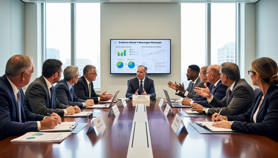 Diverse group seated around a table during a policy discussion with notebooks and a microphone nearby.